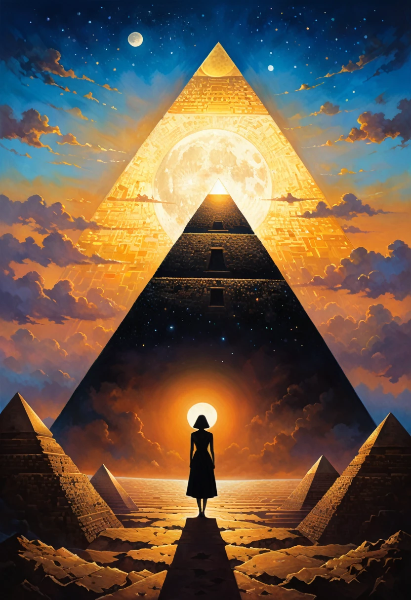 Mysterious Landscape Photography,Cartoon oil painting style,Mysterious silhouette woman,(Light shining on the pyramid prism,Dark Side of the Moon),goddess,Tempting,author:Lee Min-jae,Kahn Griffiths,Emily Kyle,Steve McCurry,Geoffroy Torrens,Aaron Hawkey,Jordan Grimmer,Greg Rutkowski,Amazing depth,Double contact,Surrealism,Geometric patterns,Intricate details,Bokeh,Perfect balance,Deep and thin border,Artistic realism, Engineering Manager Proficiency、Great masterpiece