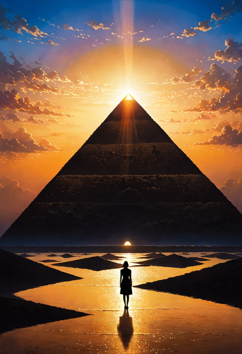 Mysterious Landscape Photography,Cartoon oil painting style,Mysterious silhouette woman,(Light shining on the pyramid prism,Dark Side of the Moon),goddess,Tempting,author:Lee Min-jae,Kahn Griffiths,Emily Kyle,Steve McCurry,Geoffroy Torrens,Aaron Hawkey,Jordan Grimmer,Greg Rutkowski,Amazing depth,Double contact,Surrealism,Geometric patterns,Intricate details,Bokeh,Perfect balance,Deep and thin border,Artistic realism, Engineering Manager Proficiency、Great masterpiece