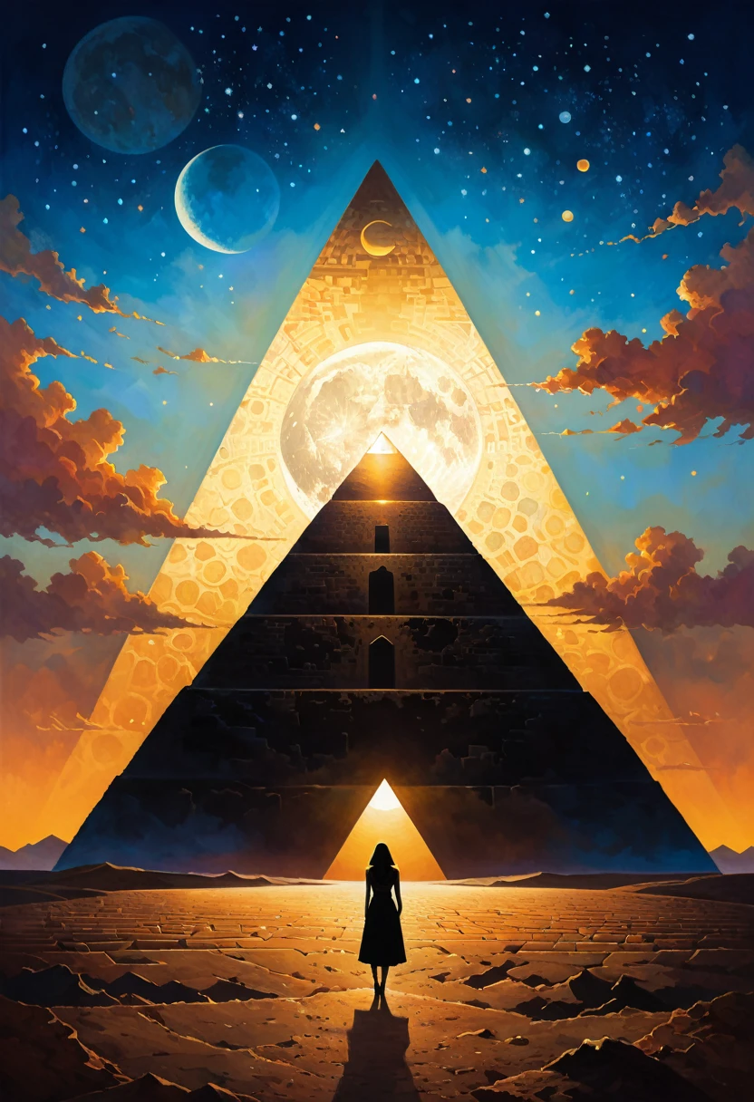Mysterious Landscape Photography，Cartoon oil painting style，Mysterious silhouette woman，（Light shining on the pyramid prism，Dark Side of the Moon），goddess，Tempting，author：Lee Min-jae，Kahn Griffiths，Emily Kyle，Steve McCurry，Geoffroy Torrens，Aaron Hawkey，Jordan Grimmer，Greg Rutkowski，Amazing depth，Double contact，Surrealism，Geometric patterns，Intricate details，Bokeh，Perfect balance，Deep and thin border，Artistic realism， Engineering Manager Proficiency、Great masterpiece