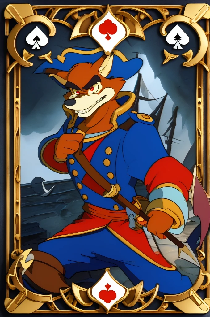 (((image designed as poker card))) ((Jack of Spades)) - (((Don Karnage))): Barefoot furry character, furry male, plantigrade Card Elements: The (((spade symbol))) is prominently displayed, with Don Karnage wielding a cutlass. The border of card is adorned with ((spade patterns)) and nautical motifs. Don Karnage, the swashbuckling red wolf pirate from "TaleSpin." He has reddish fur, sharp red eyes, and a lean, agile build. Don Karnage is dressed in a blue captain's military uniform with red and gold accents, light blue pants and tricorn hat. The background features a pirate ship with spade-shaped sails and a stormy sea. BREAK, masterpiece, ((detailed background)), ((dynamic background)), 8K, (masterpiece:1.5), intricate details, highly detailed, extreme detail, octane render, unreal engine, anime art, best quality, highres, (detailed face:1.5), ((full_body)), UHD, (((perfect hands))), low light