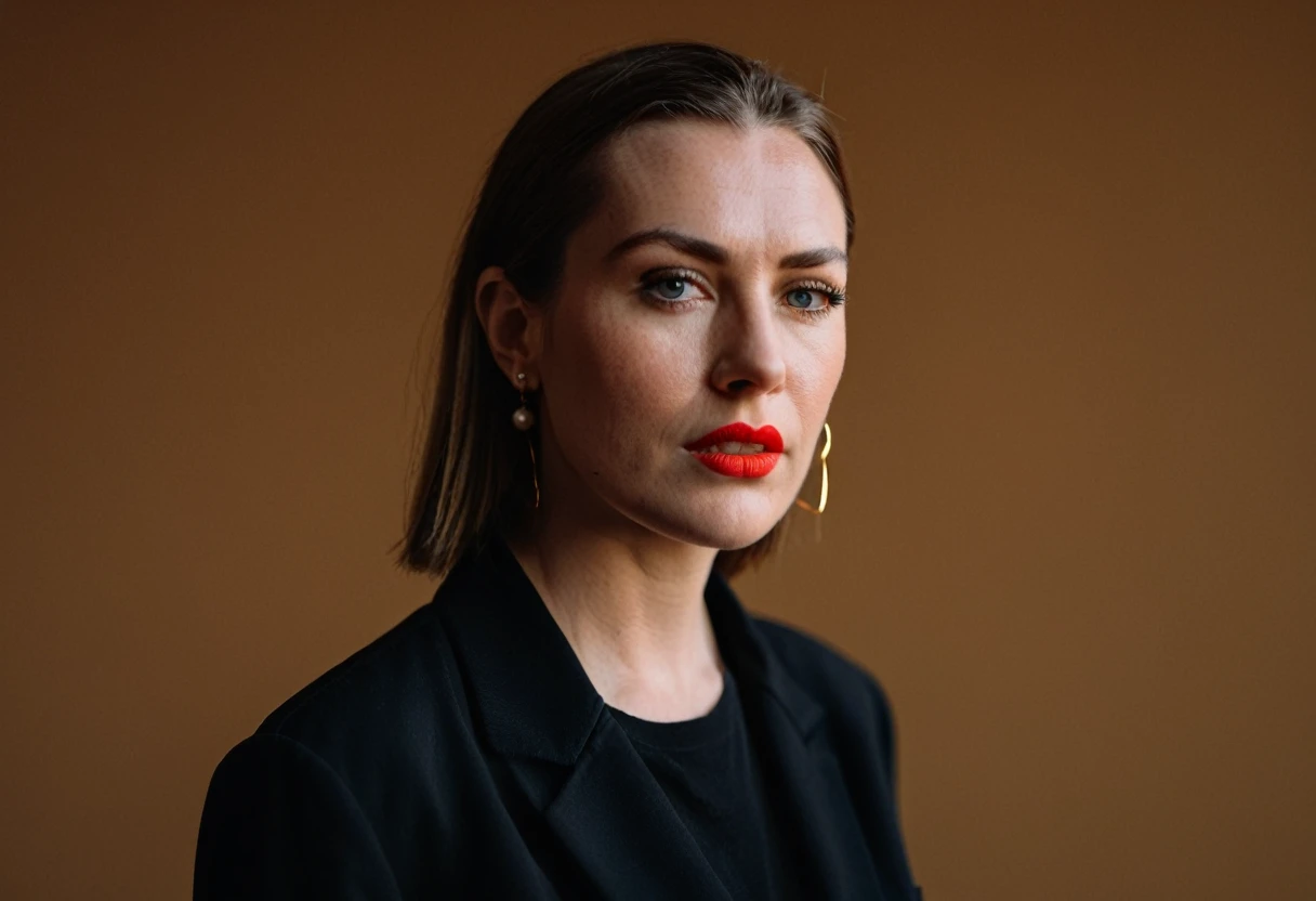color digital photograph of Lucie Prochazka a woman from czech republic wearing (a black blazer), (a white t-shirt), (black skinny jeans), (black ankle boots), (pearl earrings), (red lipstick), and Slingbacks shoes shot on Nikon Z9 by Denis Karasev, 26 years old, tiny figure, promoting body positivity, small breasts, feeling (feeling Hate, Intense, Hostile, Aversion, Anger, Resentment, Disgust, Animosity, Hostility, Loathing, Malice, face: Scowl, Frown, Glare, Narrowed Eyes, Sneer, Lip Curl, Tense Jaw, Raised Eyebrows, Cold Stare, Contempt), at golden hour,full body, masterpiece, natural lighting, (outdoor setting:1.2), warm tones, side lighting, natural skin details, 4k, UHD, masterpiece, detailed eyes, detailed face, detailed skin, perfect hands, perfect feets, photo, high skin detail, moles, imperfect skin, ultra realism, RAW photo, subsurface scattering