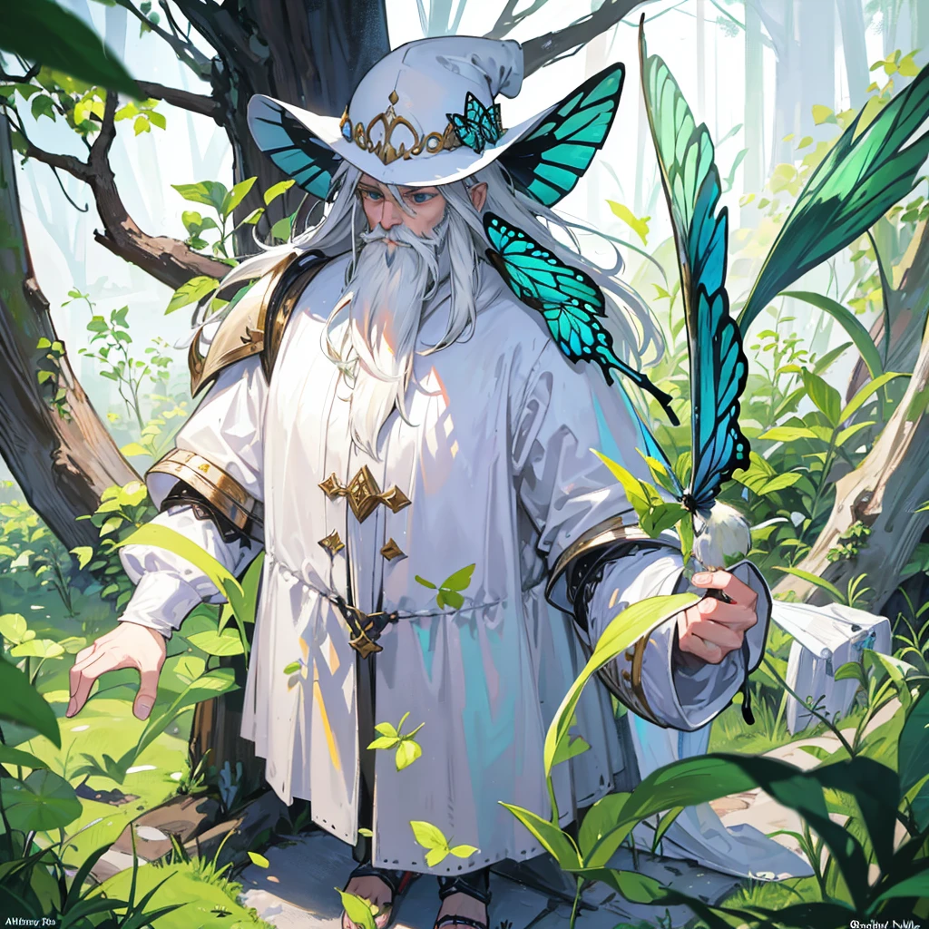 Draw a Gnome with a butterfly net, a white hat, with a long beard and white hair with a green cape that covers him to his feet and in front of a knight in silver armor about to confront each other