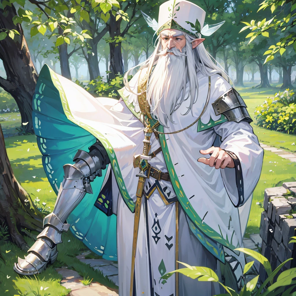 Draw a Gnome with a butterfly net, a white hat, with a long beard and white hair with a green cape that covers him to his feet and in front of a knight in silver armor about to confront each other