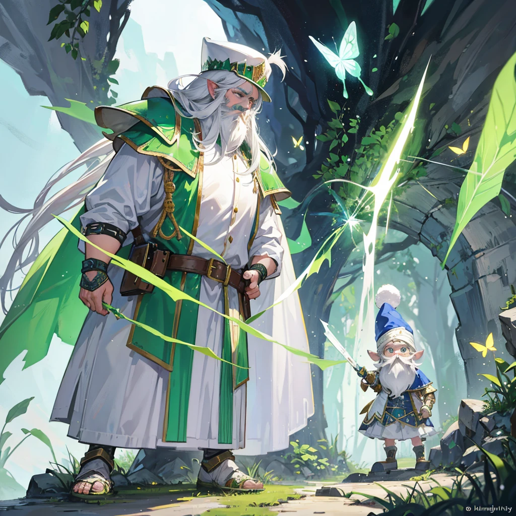 Draw a Gnome with a butterfly net, a white hat, with a long beard and white hair with a green cape that covers him to his feet and in front of a knight in silver armor about to confront each other