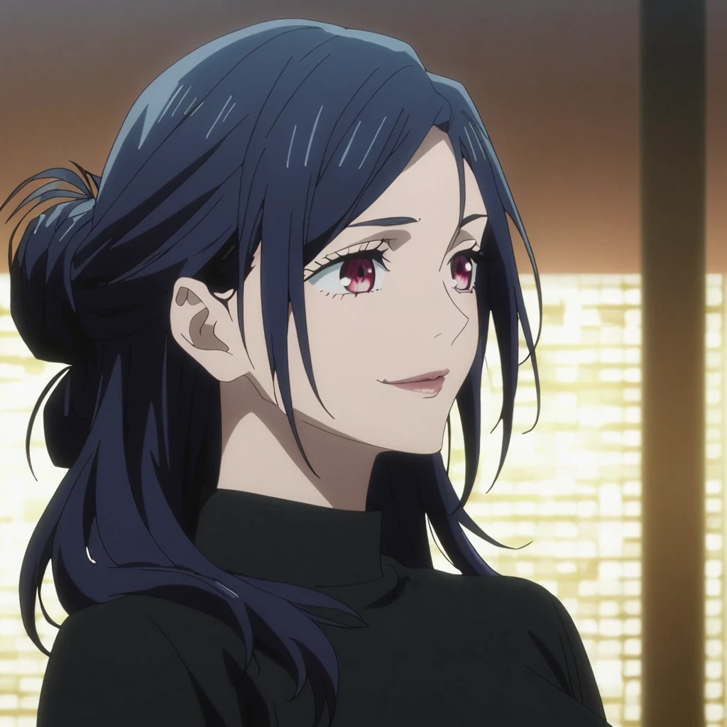 1girl, female gojo satoru, anime screencap from jujutsu kaisen, gojo satoru female version, solo, very long_hair, ((smooth texture hair)) ((red eyes)), ((elegant hairstyle, Dark blue_hair)) night view, breasts, upper_body, smile, bangs, lips ((elegant hairstyle )) wearing black color sweater, breast, "very detailed and high resolution" (red eyes) ((smooth texture hair)) ((solo)) ((high resolution)) ((upper body)) (Good quality) , ((dark blue hair colour))