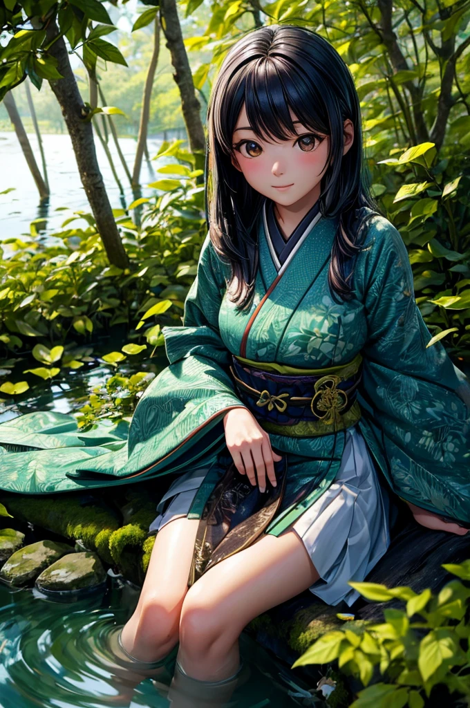 A Japanese girl sitting on edge of the wood surface putting her legs in water and surrounded with full of green trees, detailed girl, detailed face, detailed dress, detailed water, detailed trees, detailed wood surface, best quality, highly detailed, masterpiece, 8k scene.