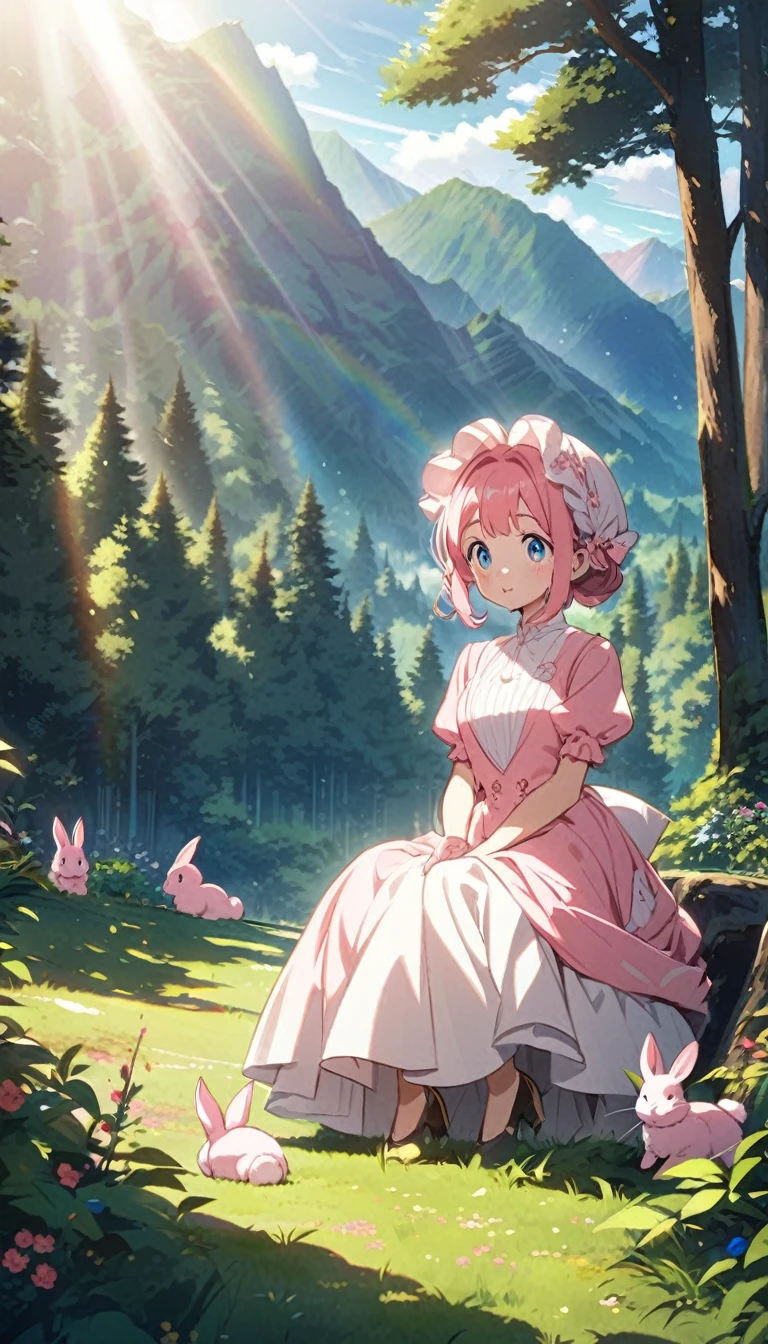 Japan anime character, Pink cute rabbit, Elegant and sophisticated dress, forest, Sunlight,Trees,The mountains in the distance,rainbow
