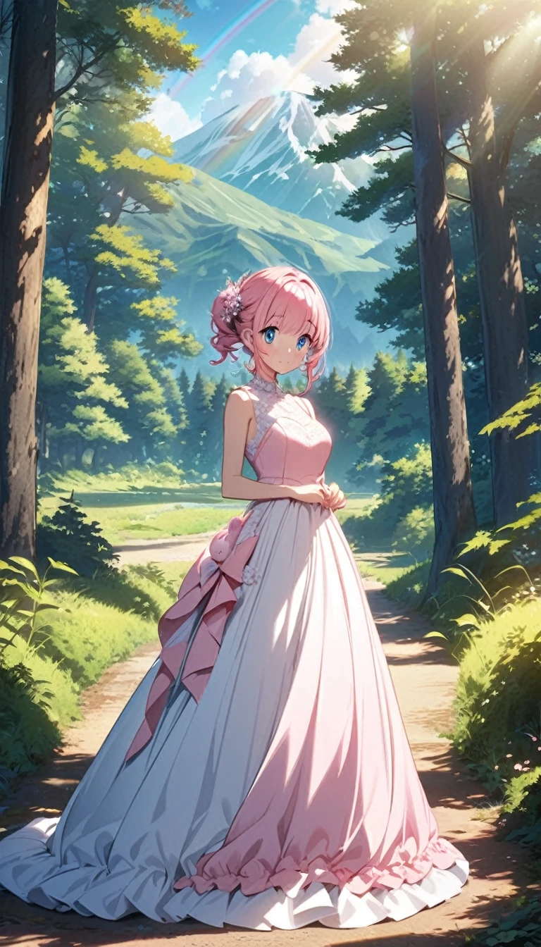 Japan anime character, Pink cute rabbit, Elegant and sophisticated dress, forest, Sunlight,Trees,The mountains in the distance,rainbow