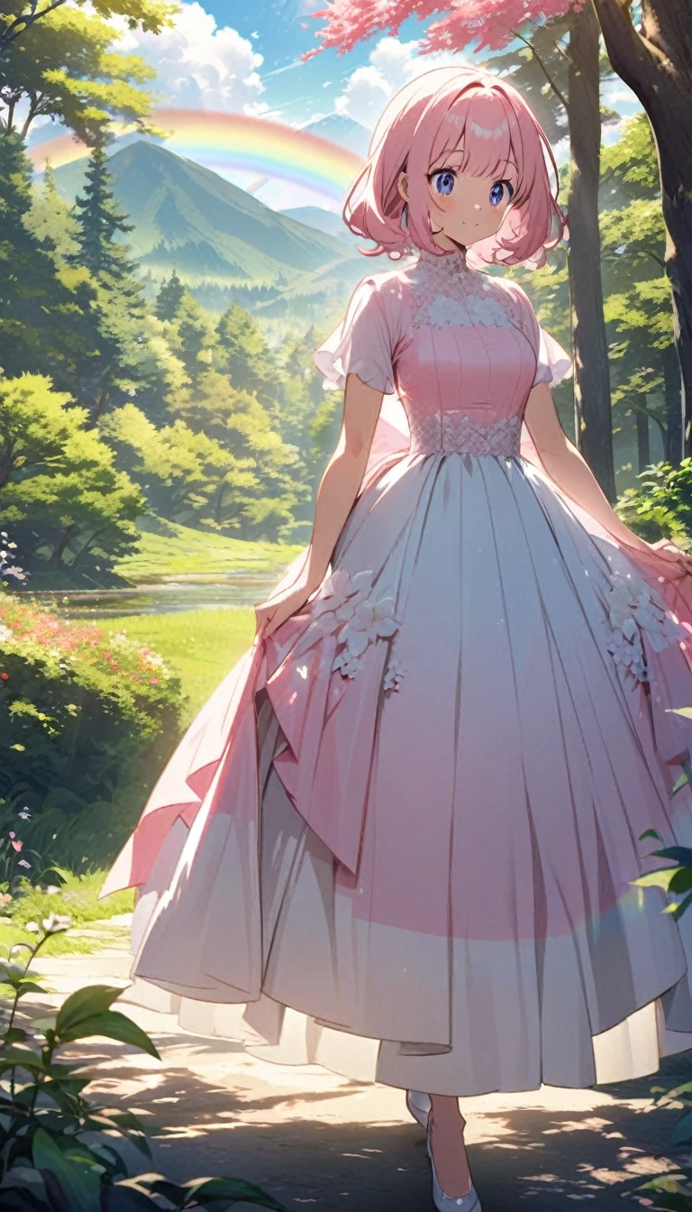 Japan anime character, Pink cute rabbit, Elegant and sophisticated dress, forest, Sunlight，Trees，The mountains in the distance，rainbow