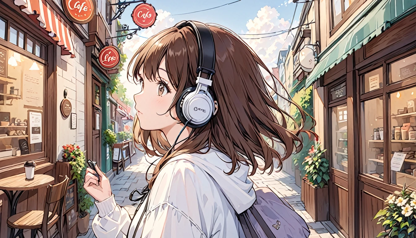 Girl wearing headphones,Brown Hair,1 person,The background is a cafe