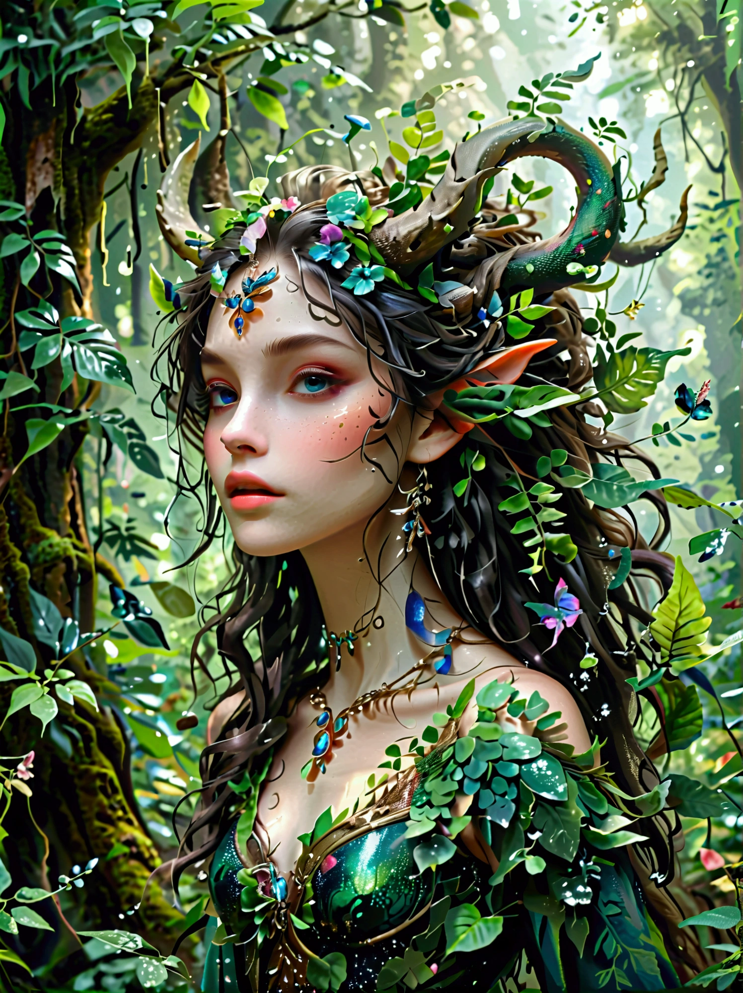 A fantastical creature with feminine qualities stands in a mystical forest. She has voluminous hair, captivating eyes, and adorned in vibrant clothing that complements her figure. Unique features such as scales, horns, or wings differentiate her from a typical human, giving her an otherworldly appearance. She exudes an aura of mystery and allure, charming all who encounter her. The forest around her is dense with thick tree trunks, lush green foliage, and fascinating flora of various shapes and sizes. Glistening droplets of dew add a magical shimmer to the scene, contributing to the overall enchanting ambiance