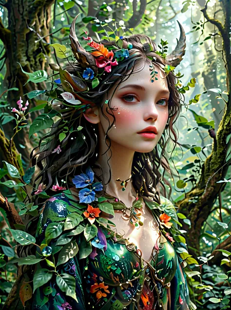 a fantastical creature with feminine qualities stands in a mystical forest. she has voluminous hair, captivating eyes, and adorn...