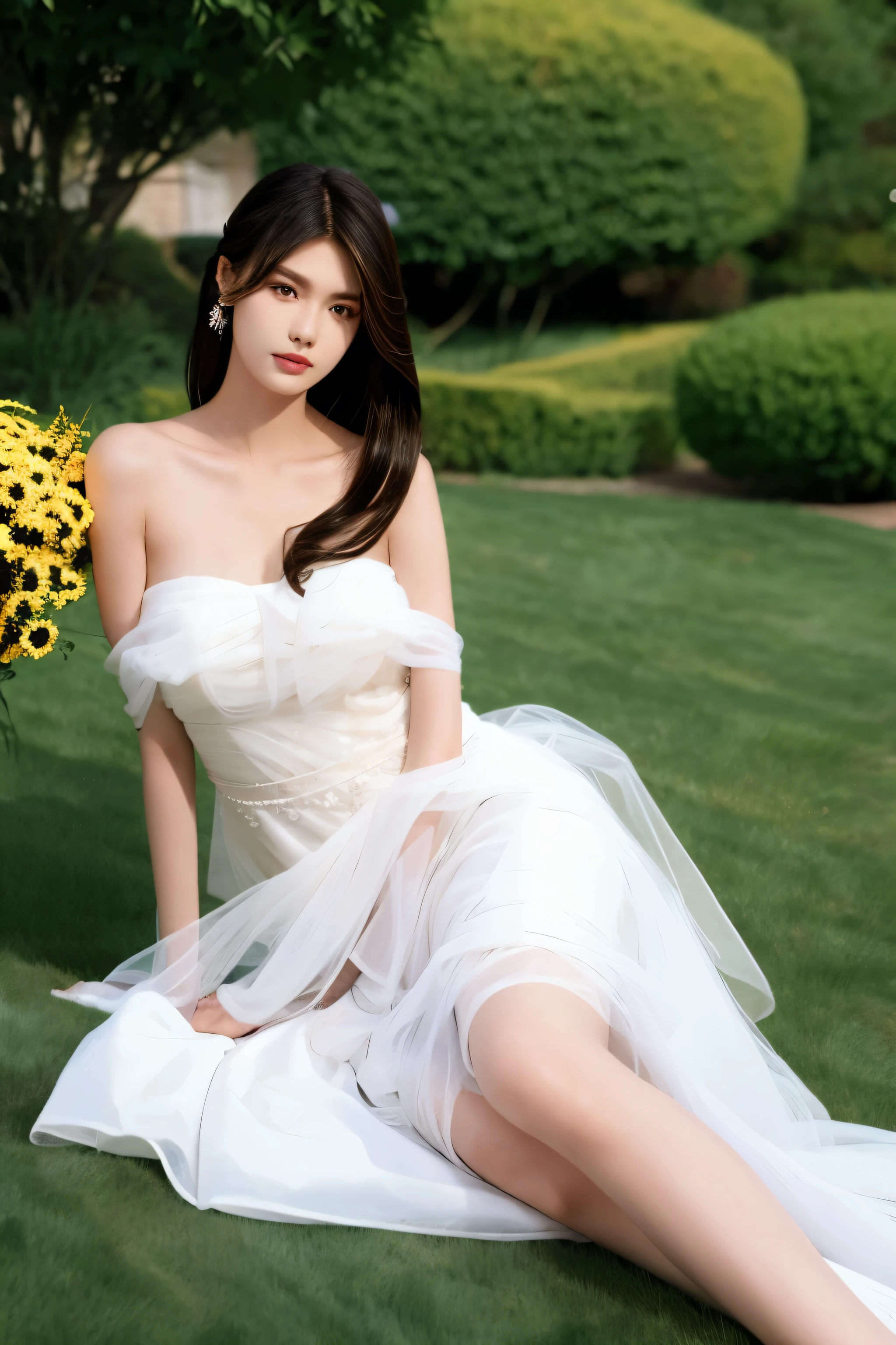 Beautiful woman with perfect body：1.4，Layered Hairstyle，Highly detailed face and skin textures，Double eyelids，Skin Whitening，Long hair，Whitened long legs，full-body shot，Half chest wedding dress