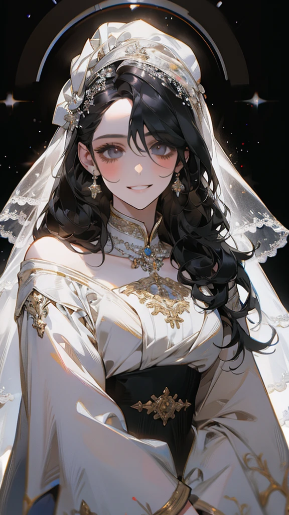 wedding，Bride in white wedding dress holding flowers，Smile，Perfect face，Black Hair，Perfect face，Full body portrait