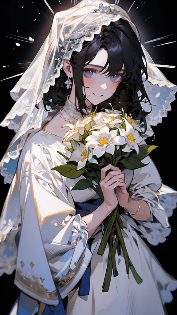 wedding,Bride in white wedding dress holding flowers,Smile,Perfect face,Black Hair,Perfect face,Full body portrait
