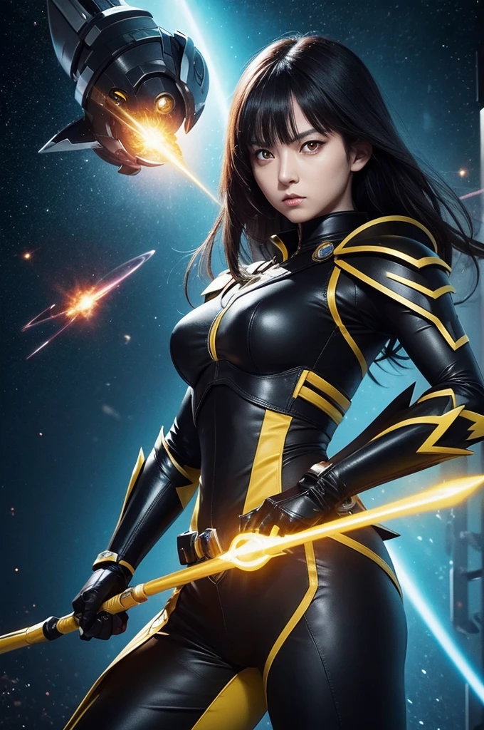A woman with deeply yellow eyes, dressed in a black tokusatsu armour, wielding a spear, fighting in a space battle.