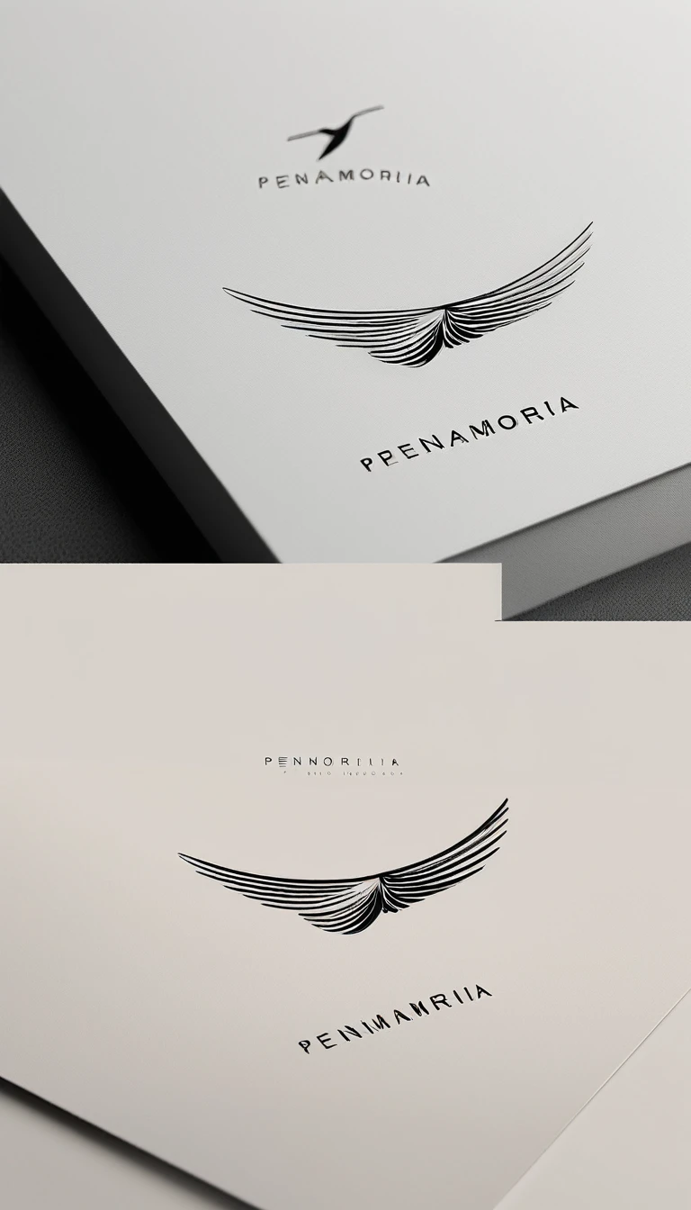 A minimal, modern, simple, cinematic logo design for the brand “Penamemoria". Create a modern, minimalistic, high-quality, logo of a bird with special and thin threads as tail