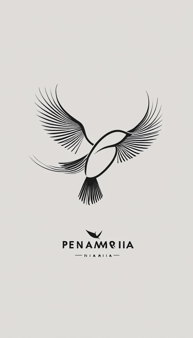 A minimal, modern, simple, cinematic logo design for the brand “Penamemoria". Create a modern, minimalistic, high-quality, logo of a bird with special and thin threads as tail