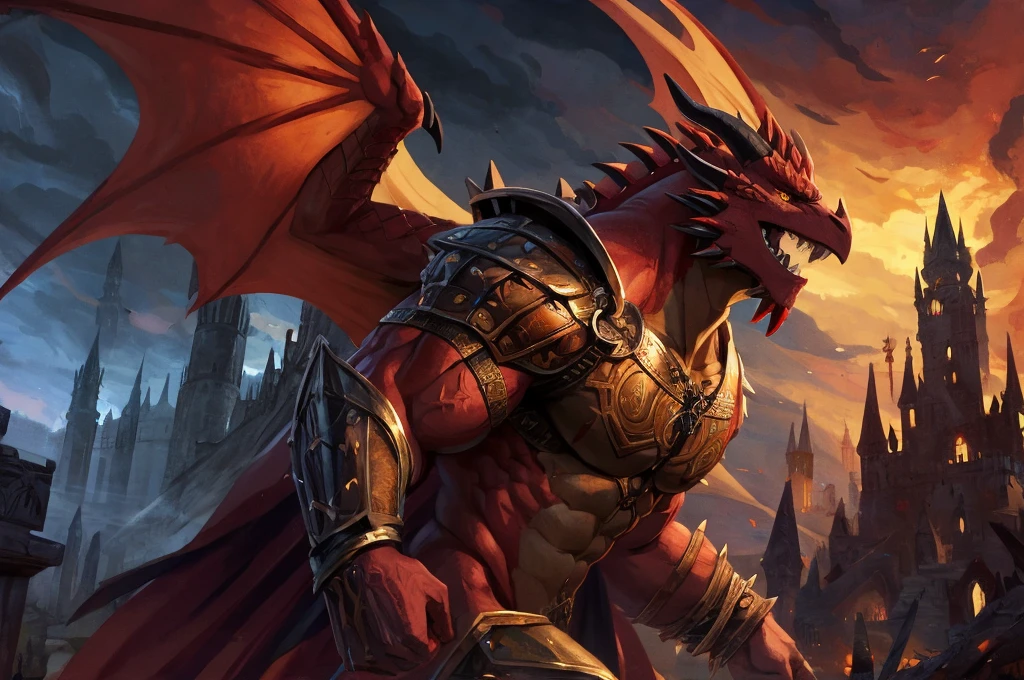 large attractive muscular male anthro dark red dragon Massive, extremely muscular, looks protective and possessive, seductive, wearing spiky armor, large muscles, yellow dragon eyes, dragon wings, red horns pointing backwards with spiked scales, big crotch, Black cape with Viking runes, two red metal shoulder pads with straps on the elbows, red metal bracelets with gold decorations on the wrists, black greaves, sideview, in a dark midnight, medieval ,destroyed castle, fog