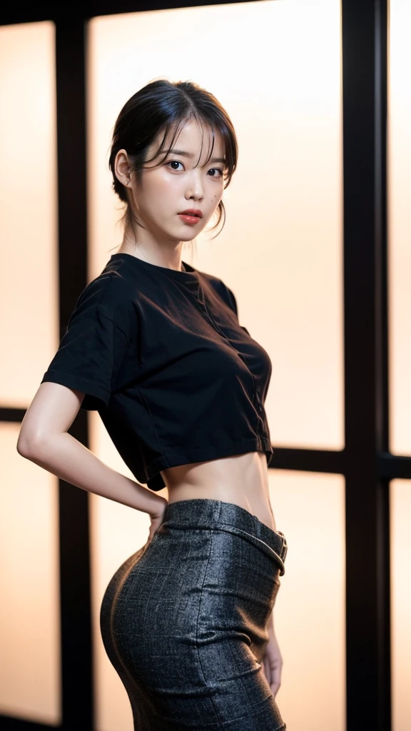 Lee Ji Eun (Best quality, 8k, 32k, Masterpiece, UHD:1.2), ((Composition from head to thighs:1.5)), ((backwards:1.8, Point your small tiny butt at the camera:0.8, Japanese-style room at the ryokan:1.8)), ((office short shirt and long pencil skirt:1.8)), (smile:1.5), erect nipples, 1 girl, solo, 18-year-old, 7 head and body, Ideal flat ratio body proportions, black hair, With bangs, small breasts, slender, small butt, beautiful feet, skinny legs, Surrealism, cinematic lighting, Depth of bounds written, first person perspective, Breasts F/1.8, 135mm, ticker, muste piece, curate, ((anatomically correct:1.3)), textured skin, super detail, high details, high quality, Awards, best quality, High resolution, 8K
