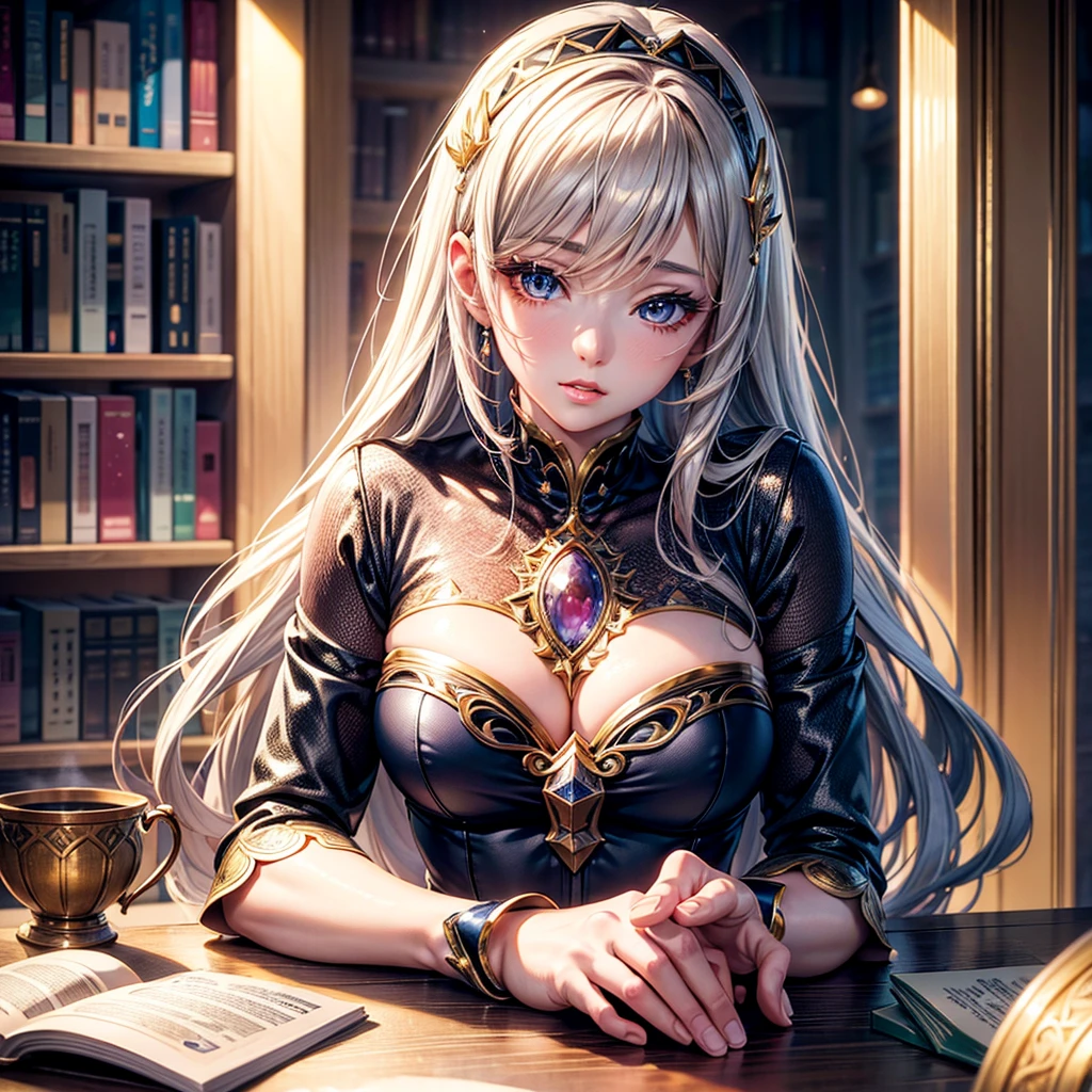 a beautiful detailed anime sitting at a table with many books, hyperrealistic, extremely detailed face and eyes, long lashes, beautiful lips, realistic, high quality, 8k, masterpiece, vibrant colors, soft lighting, elegant , magical girl, cute expression, trending on cgstation