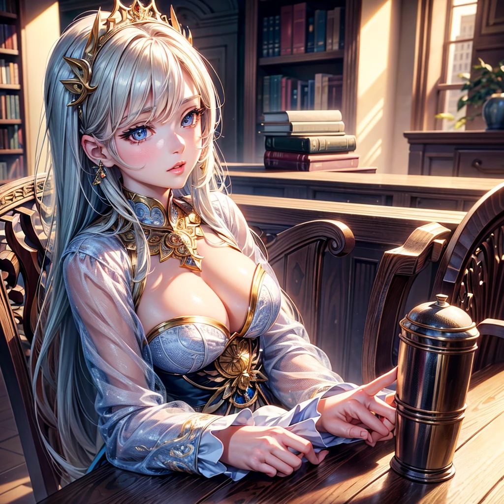 a beautiful detailed anime  sitting at a table with many books, hyperrealistic, extremely detailed face and eyes, long lashes, beautiful lips, realistic, high quality, 8k, masterpiece, vibrant colors, soft lighting, elegant , magical girl, cute expression, trending on cgstation