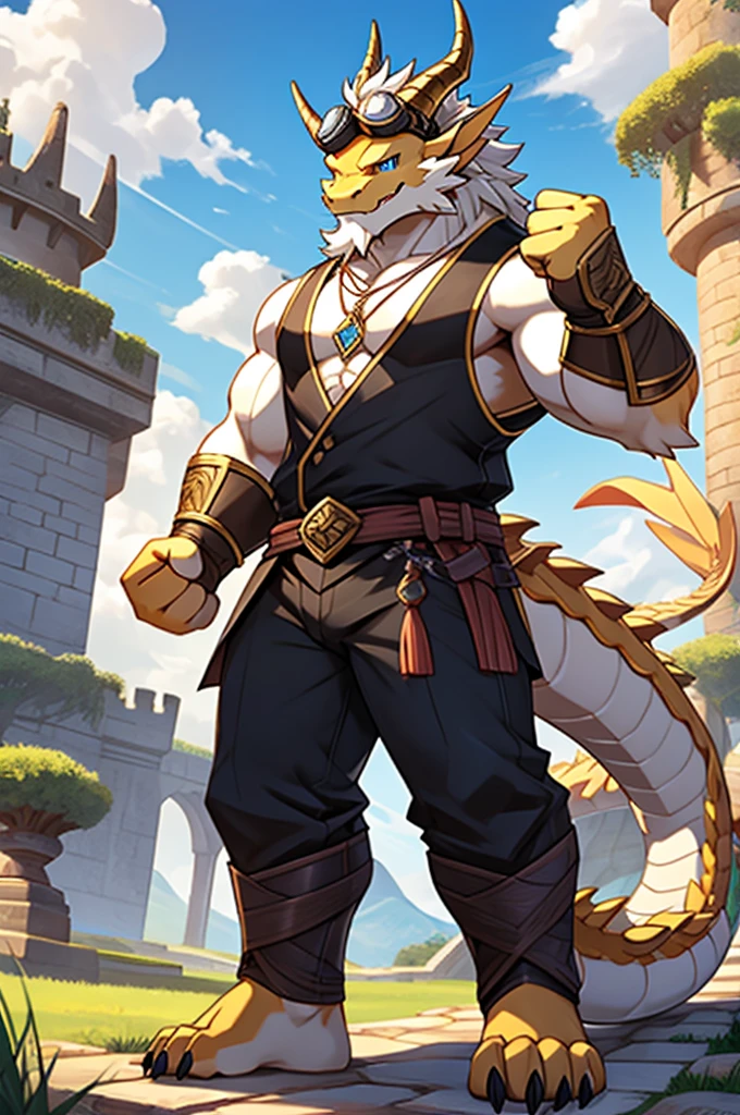 HD,noon,Blue sky,castle,grassland,Single player,Western dragon animal humanoid,hairy,teenager,Cute face,Strong body,Male image,Full body standing,Short hair details,Western faucet,golden dragon horn,Golden beard,White jaw hair,Golden back hair,White belly hair,White mane extends from the top of the head to the tail,Thick and long dragon tail,White hair on the tip of the tail,Golden arm,Golden paws,Left Fist,Left Fist上附有闪电,The right hand naturally droops,The limbs are dragon claws,4 Gold Finger,4 golden toes,Pink pads on the palms and soles,,Lift one foot,Show your soles,Look to the left,A happy expression with tongue sticking out slightly,blue eyes ,Cute eyes ,Black vest,Expose the chest and abdomen,black rubber tights,Silver sapphire necklace,Wear goggles on your head,Metal combat gloves on hands,Wear a metal belt around your waist,permanent。