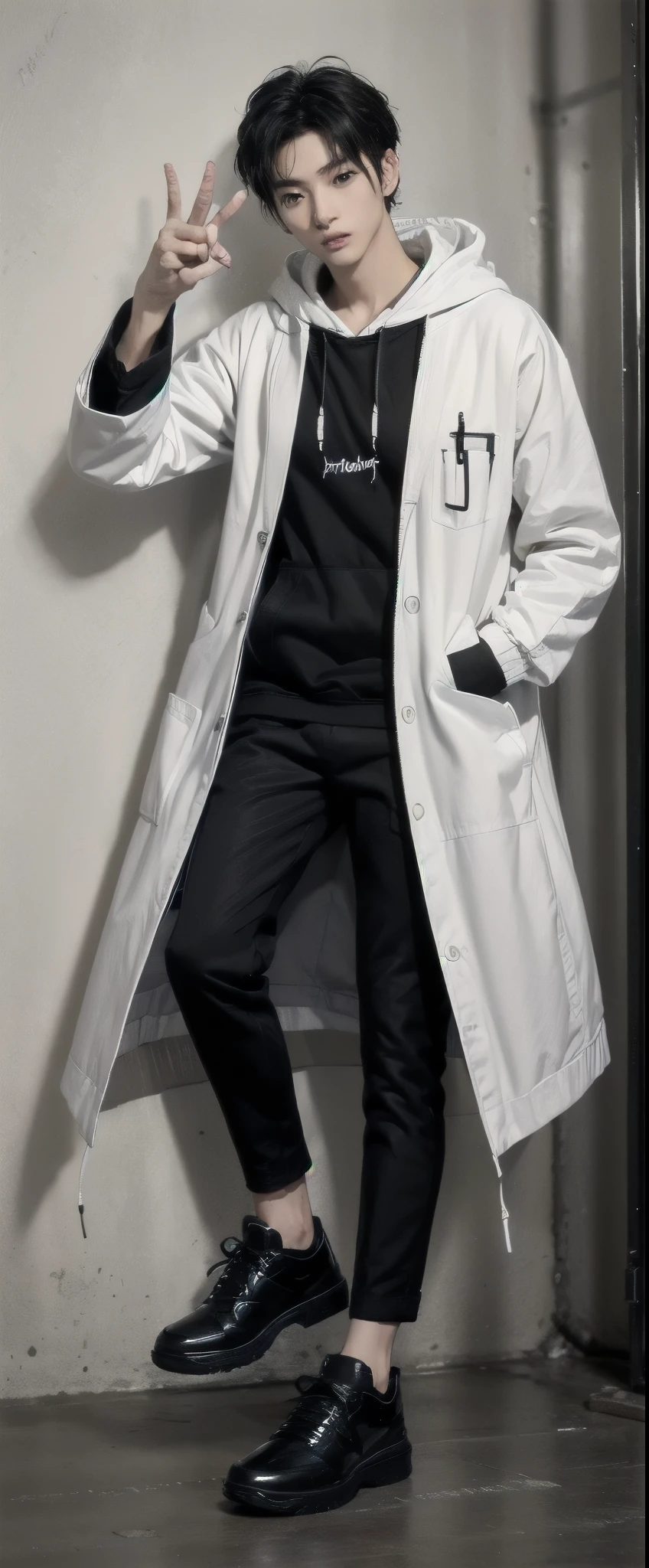 young asian man, Japanese idol style, short clean-cut hair,((open hands)) , ((center part)), (crisp white lab coat:1.3), ((black hoodie underneath:1.7)), (black pants:1.7), (black shoes:1.7), calm confident expression, (holding a product in right hand:1.3), (pointing with left index finger:1.3), explaining pose, plain white background, mid-shot portrait, full body view, high quality, detailed, 8K, (realistic skin texture:1.2), (sharp focus:1.1), (contrast between white coat and black clothing:1.2)