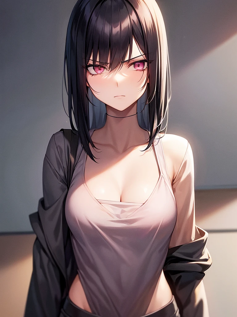 Tall girl with black hair, fine pink eyes, arrogant expression, AC , simple anime style, thin face, school landscape, whole body, slender body