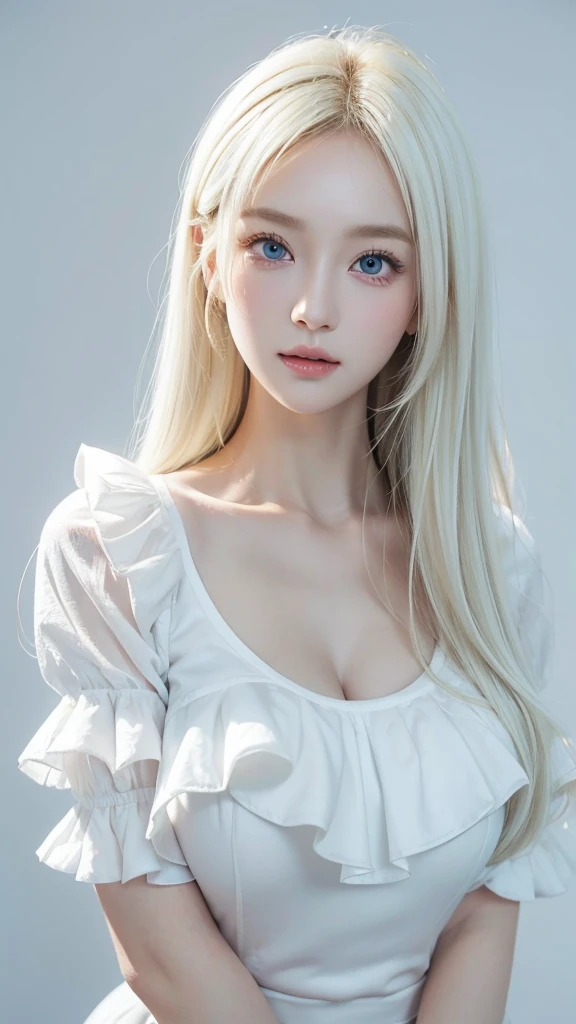 (((White Blonde、forehead、White background、Frilled blouse)))、Beautiful and fair、Glowing Skin, 3 Up, nice, bright, Refreshing and gentle look, Perfect beautiful face、White Blondeのロングヘア,Beautiful shiny bangs, Very beautiful 17 year old girl, eyeliner, So perfect and beautiful、Lovely large, clear, sky-blue eyes,Very large breasts,The original skin is visible through the grooveuscular body,