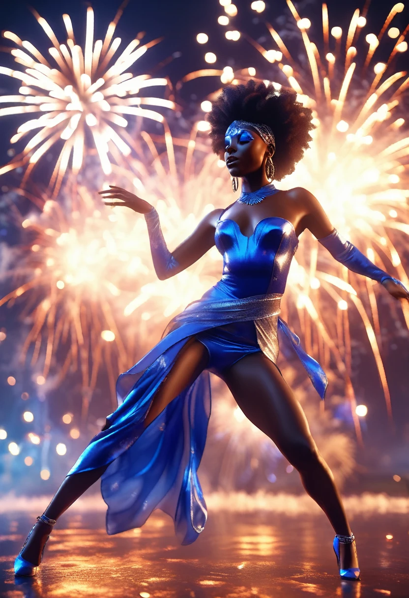 a beautiful black woman in a silk blue outfit dancing in front of fireworks, 32k, ultra HD, unreal engine rendered, cinematic lighting 