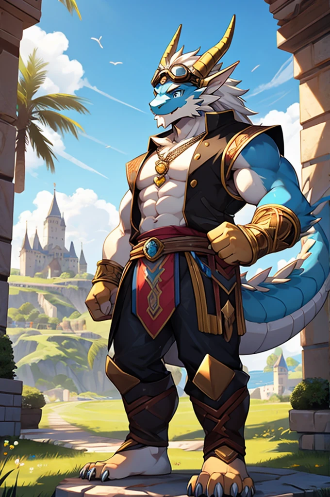 HD，noon，Blue sky，castle，grassland，Single player，Western dragon animal humanoid，hairy，teenager，Cute face，Strong body，Male image，Full body standing，Short hair details，Western faucet，golden dragon horn，Golden beard，White jaw hair，Golden back hair，White belly hair，White mane extends from the top of the head to the tail，Thick and long dragon tail，White hair on the tip of the tail，Golden arm，Golden paws，Left Fist，Left Fist上附有闪电，The right hand naturally droops，The limbs are dragon claws，4 Gold Finger，4 golden toes，Pink pads on the palms and soles，，Lift one foot，Show your soles，Look to the left，A happy expression with tongue sticking out slightly，blue eyes ，Cute eyes ，Black vest，Expose the  and abdomen，black rubber tights，Silver sapphire necklace，Wear goggles on your head，Metal combat gloves on hands，Wear a metal belt around your waist，permanent。