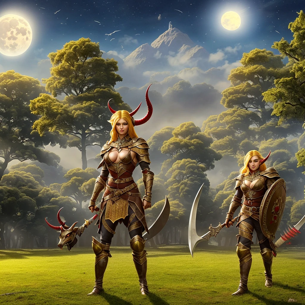 Demon warrior

((best quality)), ((masterpiece)), (detailed), 1girl, 8k_wallpaper, extremely detailed eyes, extremely detailed body, (large masterpiece digital art), ((perfect anatomy huge chest)), (intricate details:1.3 ), (ultra-detailed:1.3), (sharp focus:1.3), (natural lighting:1.05), (vivid colors:1.3), (best quality:1.4), high quality, expressive eyes, full body, tall girl, detailed face, beautiful face, perfect face, detailed ((blonde hair)), (gold eyes), ((large big red and blue horns)), {{dark skin}}, ({dark skinned female}), gigantic breasts, thick thighs, strong arm and leg muscles, strong abdominal muscles, Monster women, Korean women, wearing a modern short black cloth jacket with rolled up sleeves, (wearing heavy gold colored steel armor), a wide red leather belt with blue steel yarn, steel boots, steel thigh guards, running under by the light of the moon through the forest with long daggers in hands against a background of blooming flowers and grass with tall trees, market Street, market street, elves selling parts of various monsters and animals, eastern elven market, a modern elven city built in elven ancient traditions with modern technologies and ancient fantasy architecture, ((best quality)), (detailed), 8k_wallpaper, extremely detailed homes, extremely detailed homes, (large masterpiece digital art), (intricate details:1.3 ), (ultra-detailed:1.3), (sharp focus:1.3),