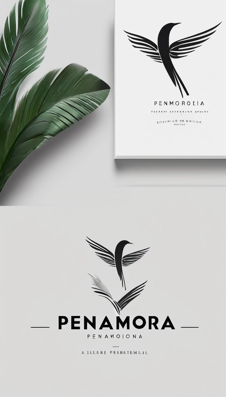 A minimal, modern, simple, cinematic logo design for the brand “Penamemoria". Create a modern, minimalistic, high-quality, logo of a feather-bird