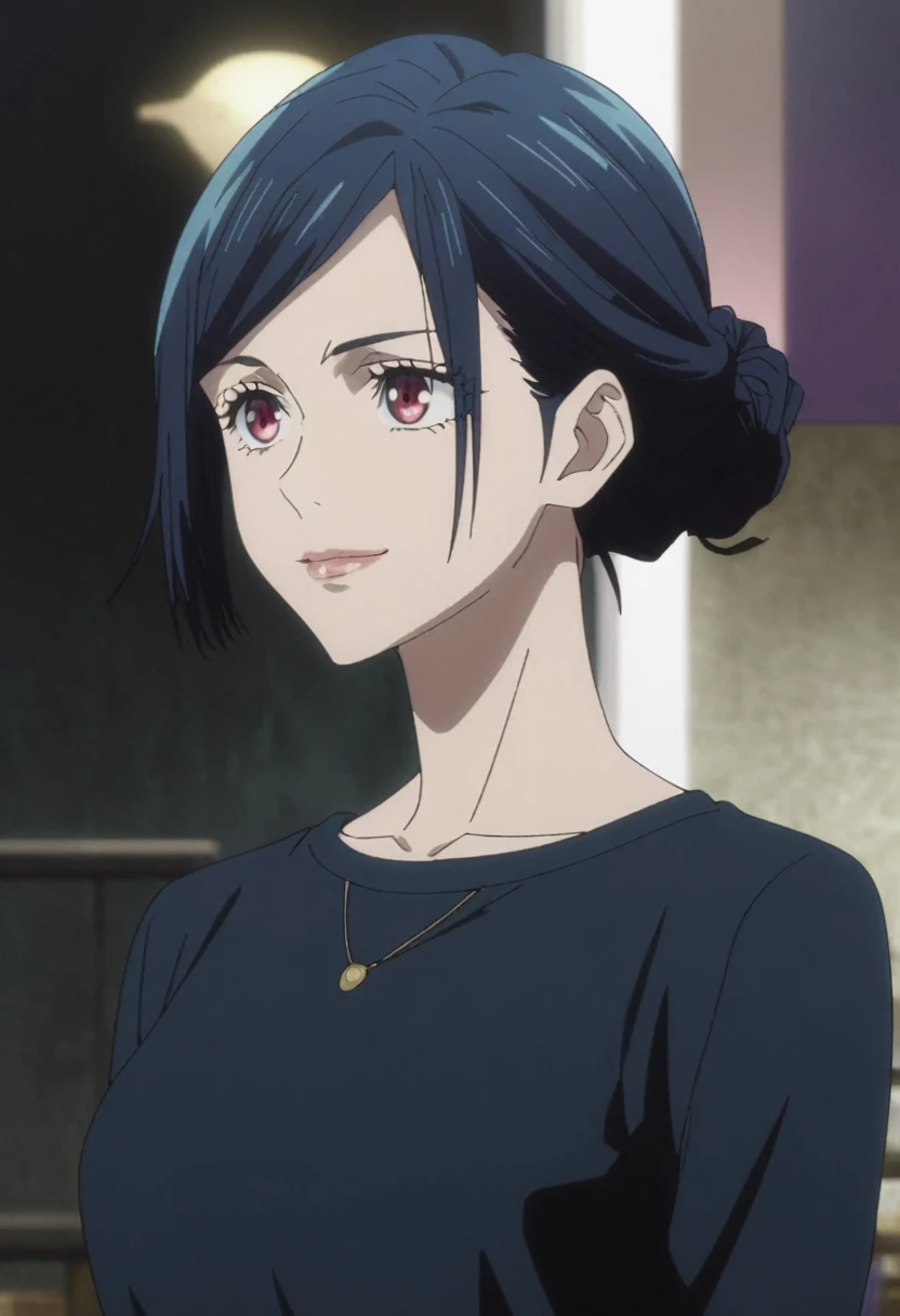1girl, female gojo satoru, anime screencap from jujutsu kaisen, gojo satoru female version, solo, very long_hair, ((smooth texture hair)) ((red eyes)), ((elegant hairstyle, Dark blue_hair)) night view, breasts, upper_body, smile, bangs, lips ((elegant hairstyle )) wearing black color sweater, breast, "very detailed and high resolution" (red eyes) ((smooth texture hair)) ((solo)) ((high resolution)) ((upper body)) (Good quality) , ((dark blue hair colour))