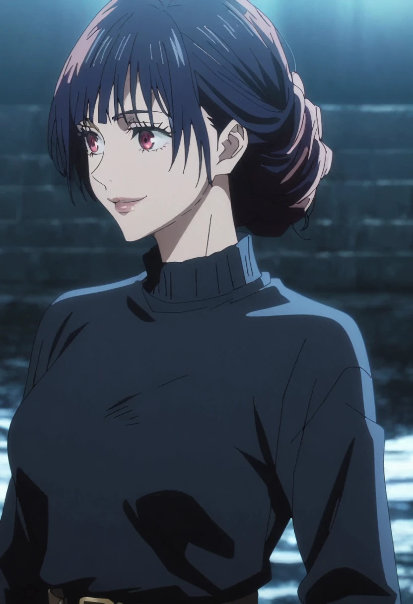 1girl, female gojo satoru, anime screencap from jujutsu kaisen, gojo satoru female version, solo, very long_hair, ((smooth texture hair)) ((red eyes)), ((elegant hairstyle, Dark blue_hair)) night view, breasts, upper_body, smile, bangs, lips ((elegant hairstyle )) wearing black color sweater, breast, "very detailed and high resolution" (red eyes)  ((smooth texture hair)) ((solo)) ((high resolution)) ((upper body)) (Good quality) ,  ((dark blue hair colour))