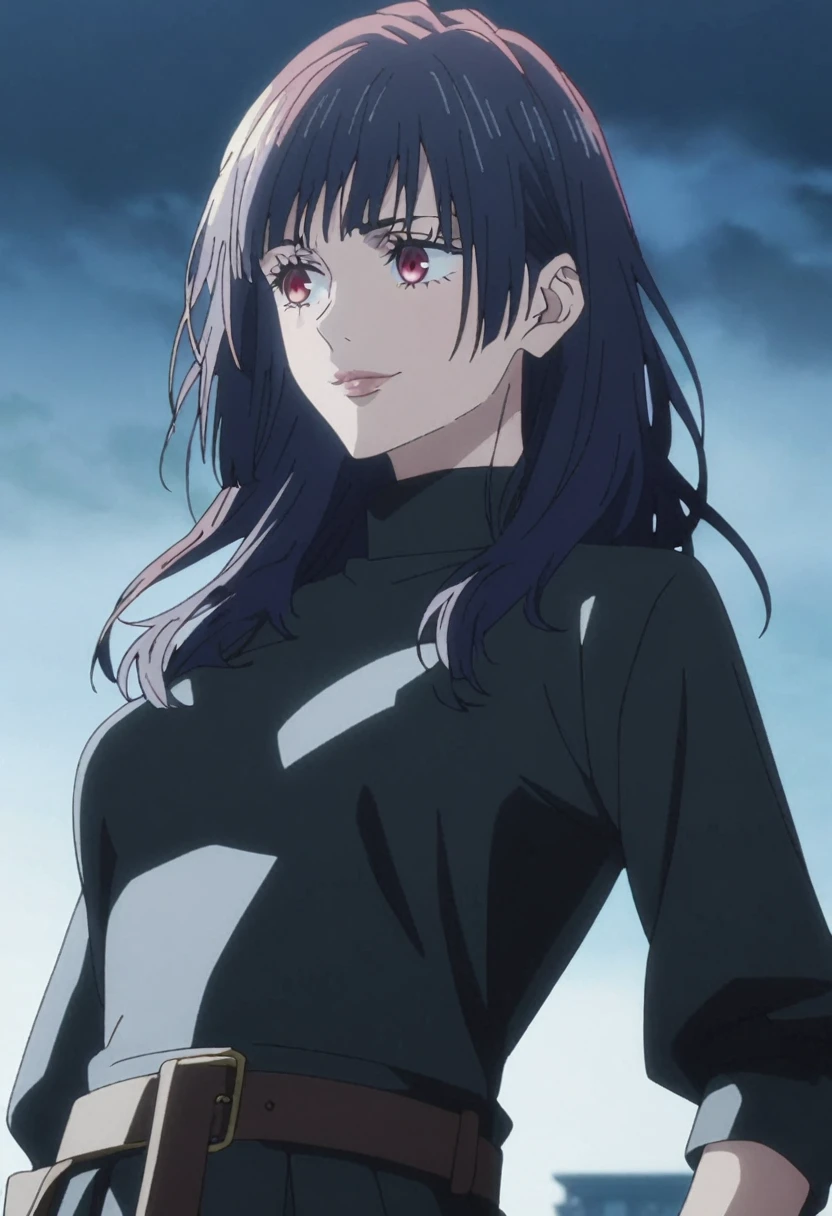 1girl, female gojo satoru, anime screencap from jujutsu kaisen, gojo satoru female version, solo, very long_hair, ((smooth texture hair)) ((red eyes)), ((elegant hairstyle, Dark blue_hair)) night view, breasts, upper_body, smile, bangs, lips ((elegant hairstyle )) wearing black color sweater, breast, "very detailed and high resolution" (red eyes) ((smooth texture hair)) ((solo)) ((high resolution)) ((upper body)) (Good quality) , ((dark blue hair colour))