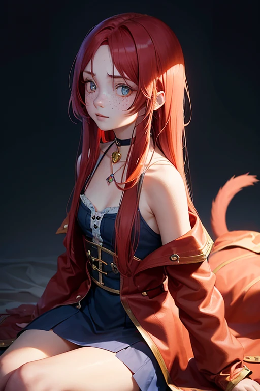 1 23 year old girl,fair skin with freckles on the face , with long red hair, golden eyes with cat pupils , wearing a small, delicate blue choker and a short dark jacket, on a dark background