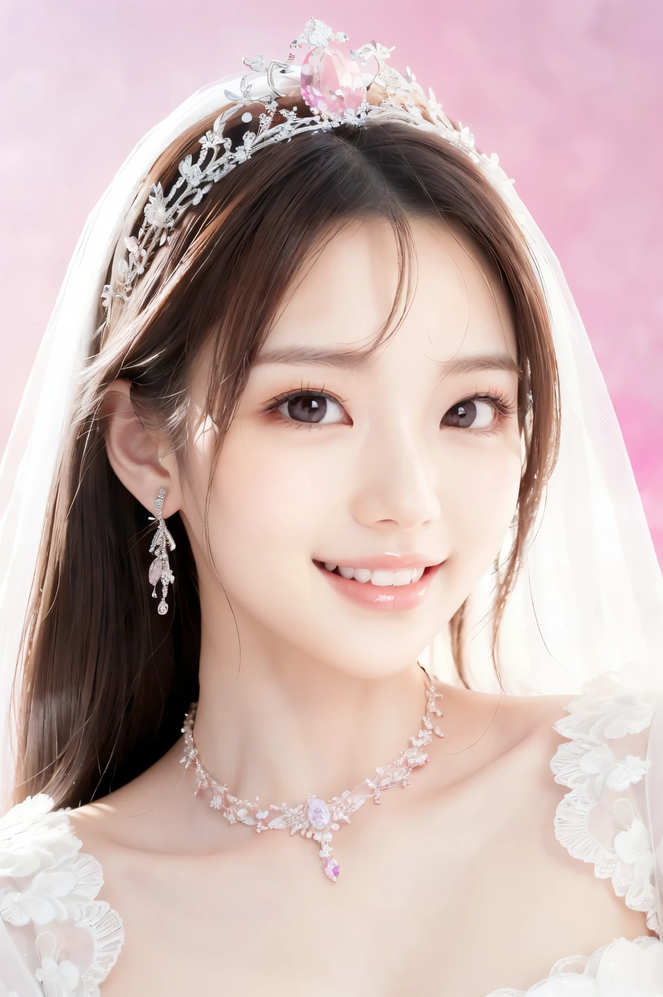 (Highest quality、Tabletop、8K、Best image quality、Award-winning works)、One beautiful bride、(alone:1.1)、(The most extravagant and gorgeous huge pure white wedding dress:1.1)、(Perfect Wedding Lace:1.2)、(The most gorgeous and luxurious giant tiara:1.1)、(The most extravagant and luxurious giant necklace:1.1)、Look at me with your best smile、The finest jewellery decoration、Perfect Makeup、Long eyelashes、Ultra HD Shining Eyes、Ultra HD Hair、Ultra-high resolution glossy lips、Ultra High Resolution Perfect Teeth、Super high resolution beautiful face、(Accurate anatomy:1.1)、Very bright and beautiful skin、very bright and vivid、Perfect beautiful bridal hairstyles、(Front facing body:1.1)、(Solid pink background:1.2)、Cleavage