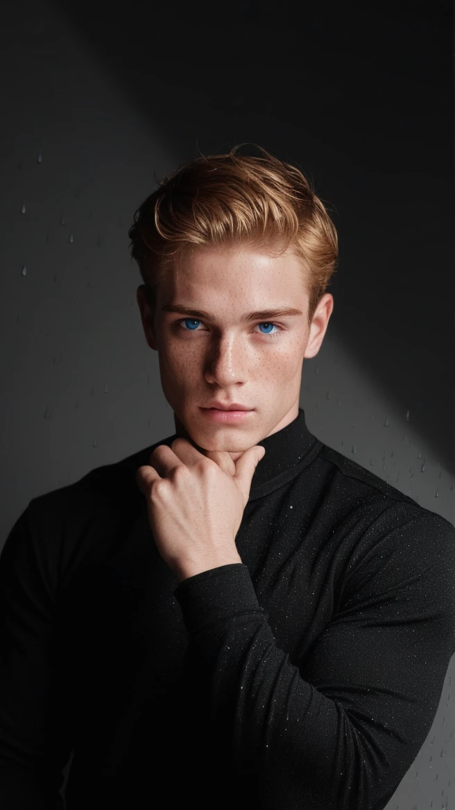 8K,score_9,score_8_above,score_7_above, yaoi, 1 boys,homosexual, detailed, very short hair, blonde hair, freckles, blue eyes, freckles, freckles on body, broad muscular shoulders, pectoral muscles, Abdomen, vascular biceps and triceps, shirt in flannel, cute, blonde, boy face, cute face, perspective above, looking at viewer, rain, cloudy sky, street rain