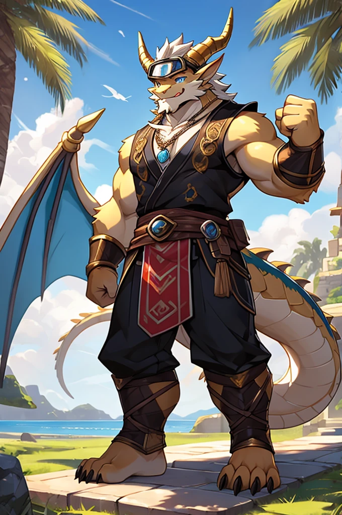 HD，noon，Blue sky，castle，grassland，Single player，Western dragon animal humanoid，hairy，teenager，Cute face，Strong body，Male image，Full body standing，Short hair details，Western faucet，golden dragon horn，Golden beard，White jaw hair，Golden back hair，White belly hair，White mane extends from the top of the head to the tail，Thick and long dragon tail，White hair on the tip of the tail，Golden arm，Golden paws，Left Fist，Left Fist上附有闪电，The right hand naturally droops，The limbs are dragon claws，4 Gold Finger，4 golden toes，Pink pads on the palms and soles，，Lift one foot，Show your soles，Look to the left，A happy expression with tongue sticking out slightly，blue eyes ，Cute eyes ，Black vest，Expose the chest and abdomen，black rubber tights，Silver sapphire necklace，Wear goggles on your head，Metal combat gloves on hands，Wear a metal belt around your waist，permanent。