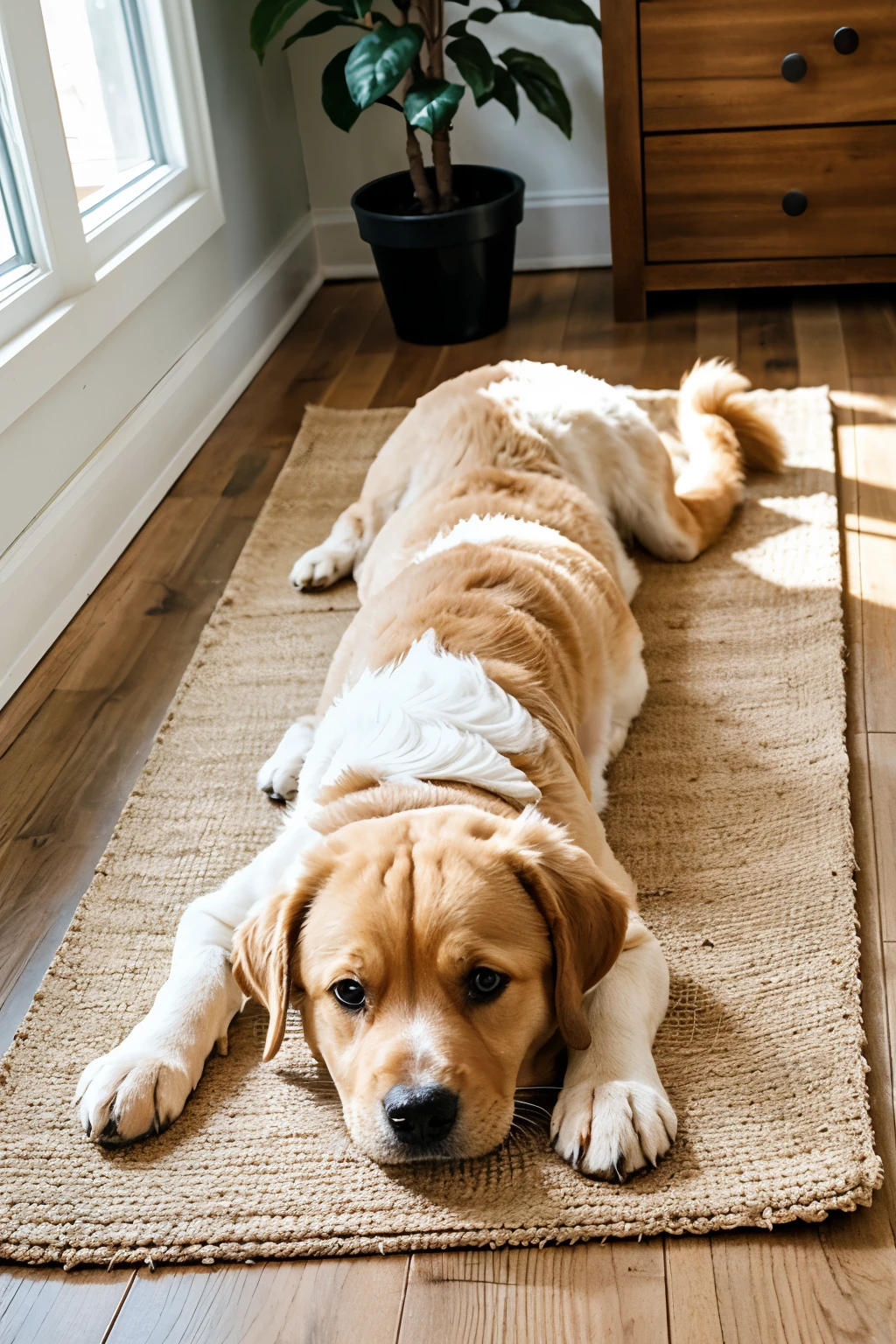 A female dog lying on the ground，There is a thin beige mat on the floor，Next to me is a puppy drinking milk，Natural and warm scene，Wood color floor，There is light shining in，There are plants，Ultra-realistic scene map