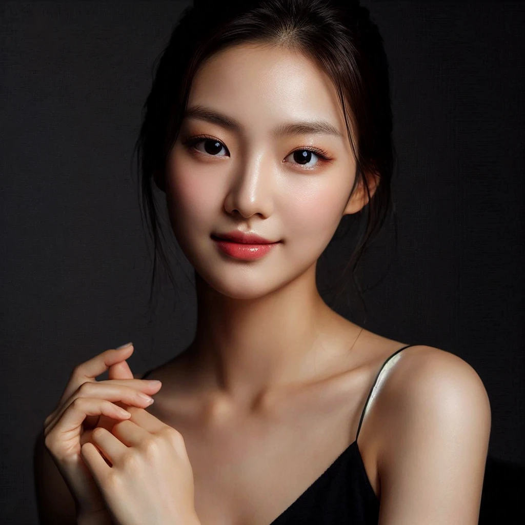 ((best quality)), ((masterpiece)), (detailed) A young korean woman with a fair complexion poses elegantly against a dark background. She has her hair tied back and is wearing a black spaghetti-strap top. Her expression is calm and serene, with a slight touch of gloss on her lips and subtle makeup accentuating her natural beauty. Her hands are gently clasped together in front of her, adding to the sophisticated and graceful vibe of the portrait. masterpiece, official art, best quality, ray tracing, volumetric light, realistic, photorealistic, ultra highres, vivid