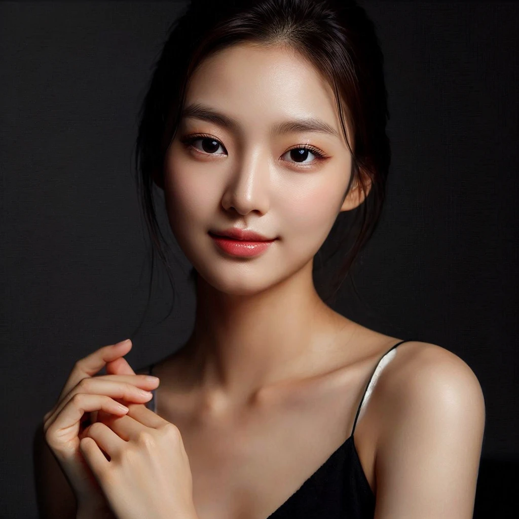 ((best quality)), ((masterpiece)), (detailed) A young korean woman with a fair complexion poses elegantly against a dark background. She has her hair tied back and is wearing a black spaghetti-strap top. Her expression is calm and serene, with a slight touch of gloss on her lips and subtle makeup accentuating her natural beauty. Her hands are gently clasped together in front of her, adding to the sophisticated and graceful vibe of the portrait. masterpiece, official art, best quality, ray tracing, volumetric light, realistic, photorealistic, ultra highres, vivid