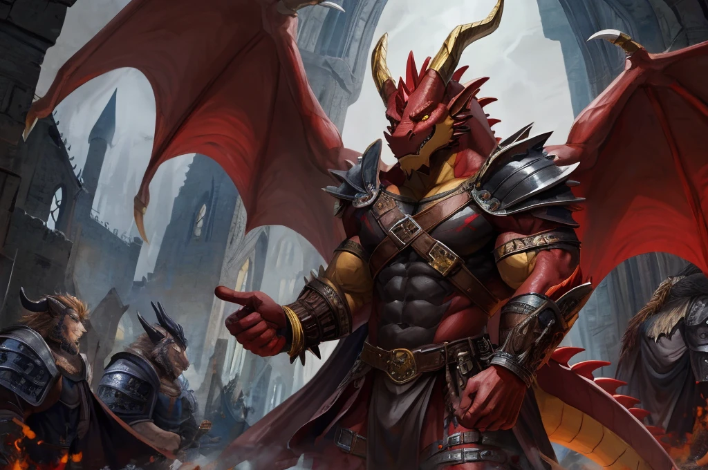 large attractive muscular male anthro dark red dragon Massive, extremely muscular, looks protective and possessive, seductive, wearing spiky armor, large muscles, yellow dragon eyes, dragon wings, red horns pointing backwards with spiked scales, big crotch, Black cape with Viking runes, two red metal shoulder pads with straps on the elbows, red metal bracelets with gold decorations on the wrists, sideview, in a dark midnight, medieval ,destroyed castle in flames, fog, midnight
