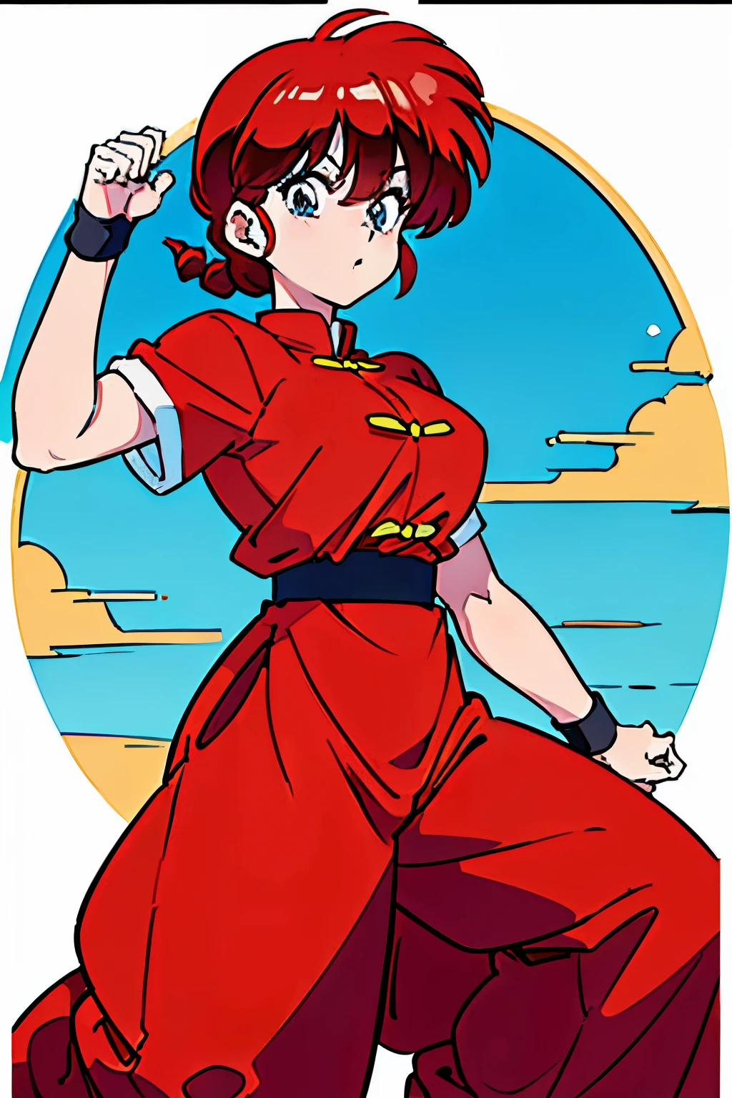 (8k, Foto RAW, La mejor calidad, Obra maestra:1.2), Ranma Chan, Ranma Red Shirt, red hair, braided belt, blue pants, martial art