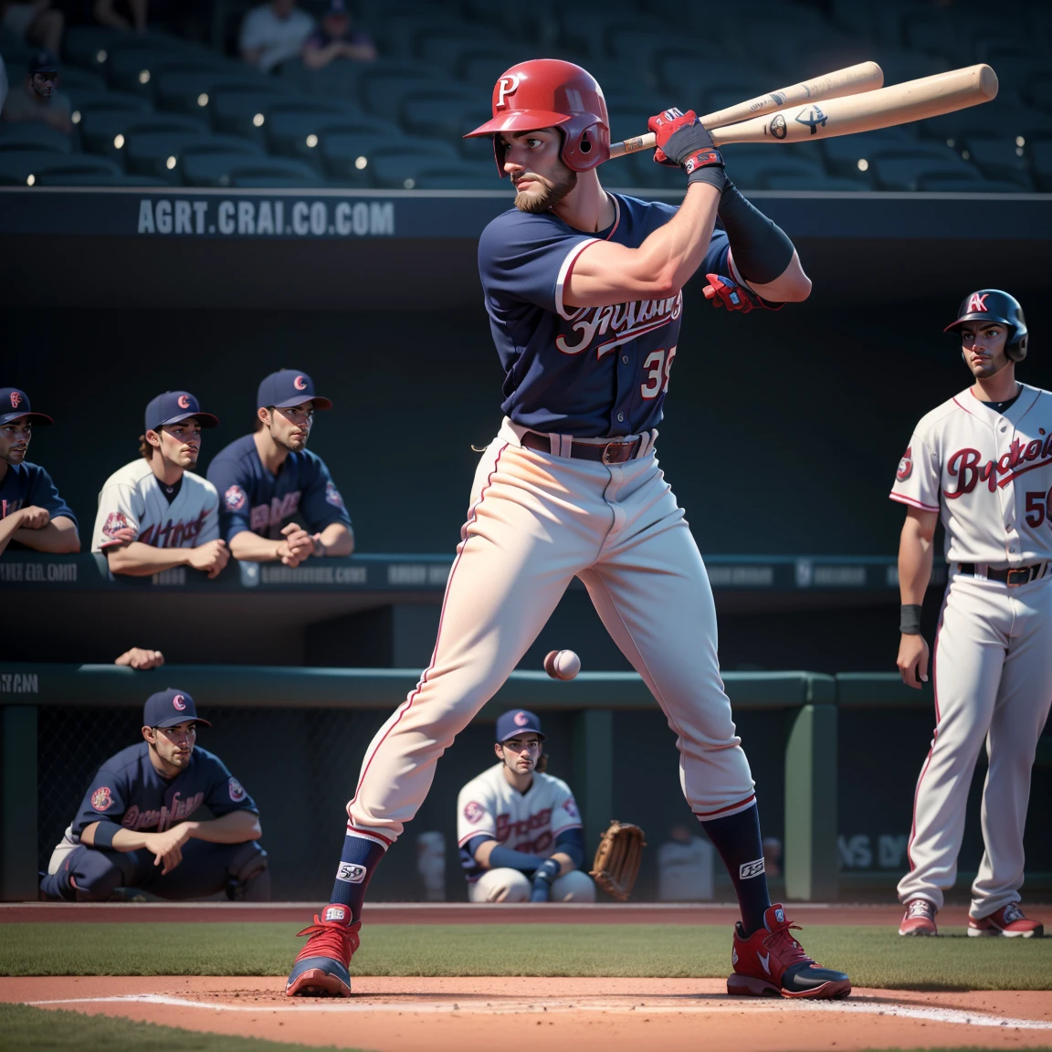 RAW photo, 8k uhd, masterpiece, (photorealistic:1.4), best quality, beautiful lighting, 3D Art, C4D, OC render, Bryce Harper, (full body:1.5), a professional Baseball Player, Baseball batting helmet, baseball shoes, baseball bat, baseball uniform, baseball pants, baseball gloves, Batting stance, lively, handsome