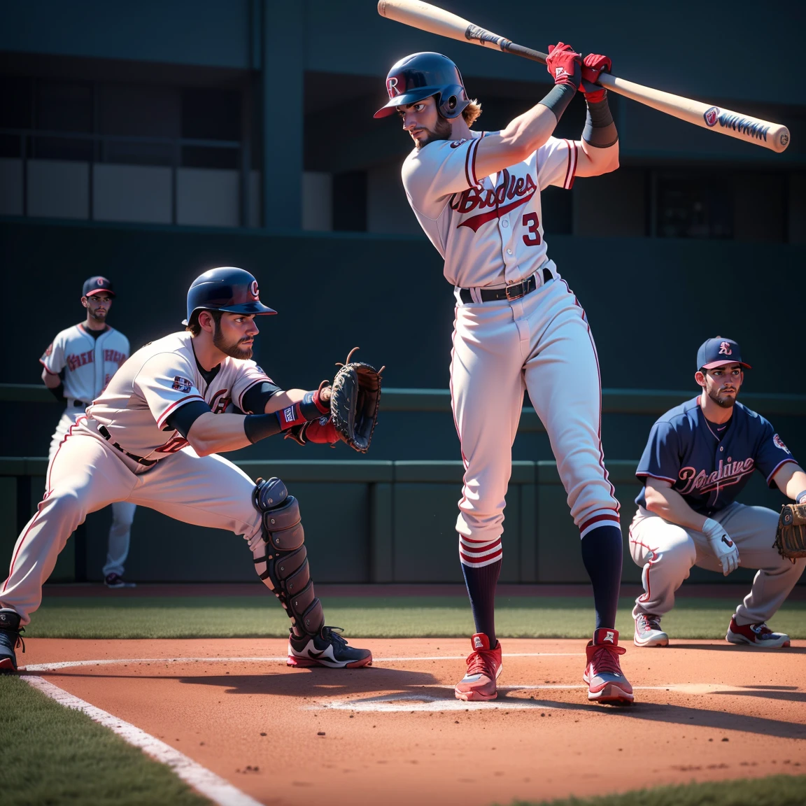 RAW photo, 8k uhd, masterpiece, (photorealistic:1.4), best quality, beautiful lighting, 3D Art, C4D, OC render, Bryce Harper, (full body:1.5), a professional Baseball Player, Baseball batting helmet, baseball shoes, baseball bat, baseball uniform, baseball pants, baseball gloves, Batting stance, lively, handsome