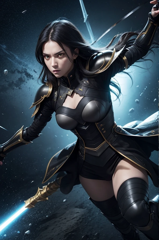 A woman with deeply yellow eyes, dressed in a black armour, wielding a spear, fighting in a space battle.