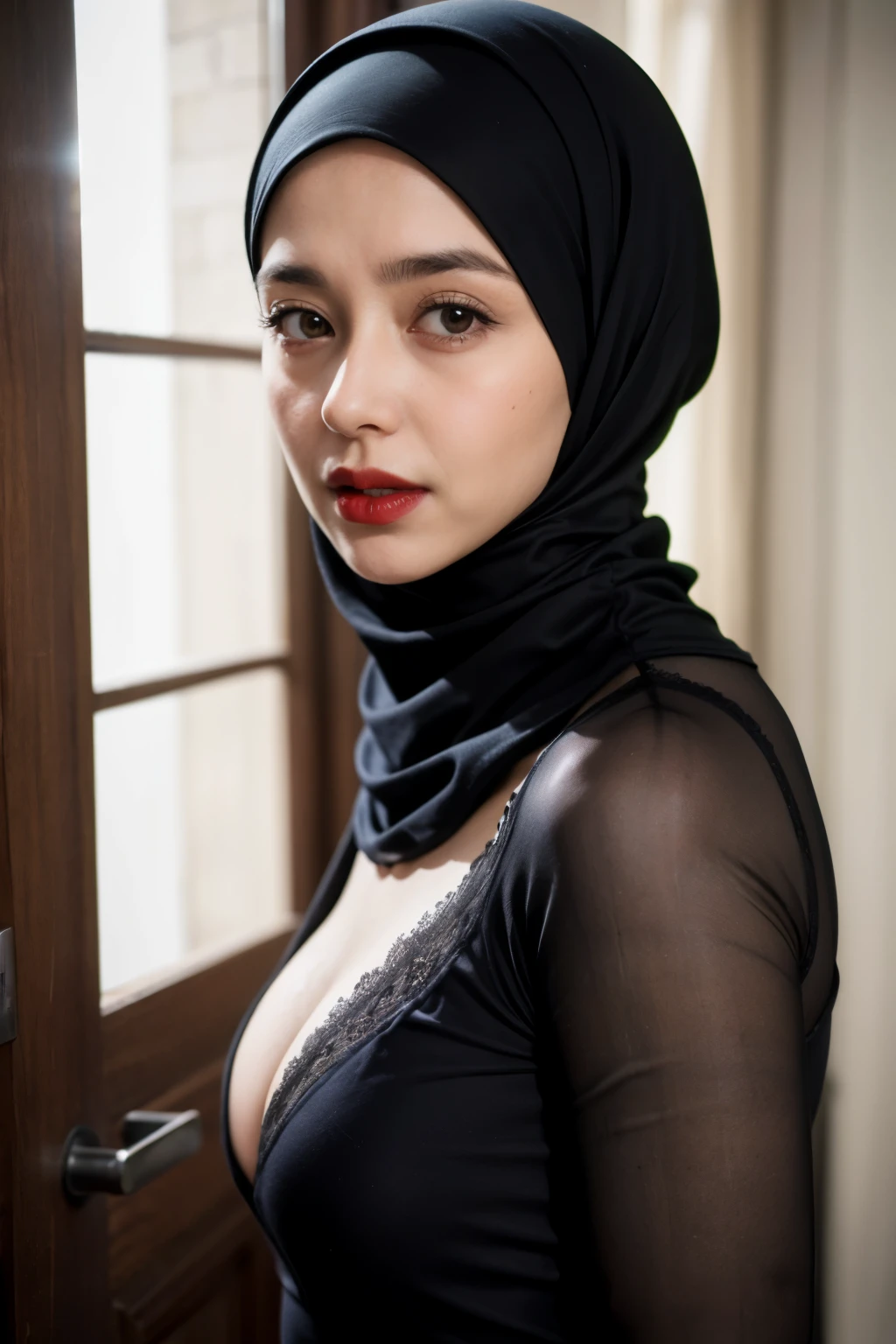 Big asshole, ((Red Lips)), Coats Medium body portrait, ((Hijab Stylish)), HALIMAH'S MOTHER IS 85 YEARS OLD HER BODY IS VERY FAT & NUDE AT A DARK NIGHT PLACE, Ultra High Res. realistic: 1.4, UHD, lace , very flat chest, half body portrait , skinny my body, view from side seductive pose , (old lady:1.3)